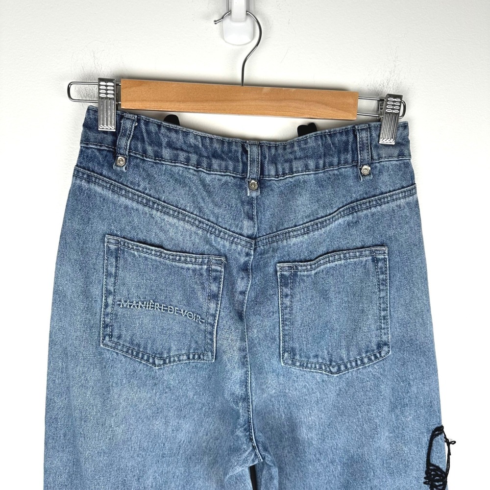 Maniere De Voir Line Art Mom Jeans Blue Embroidered Face Denim Pants Size 6 - Picture 7 of 14